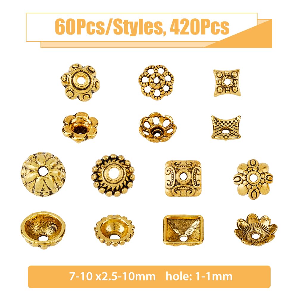 DICOSMETIC 420pcs 7 Styles Tibetan Flower Bead Caps Antique Golden Bead Caps Alloy End Charm Caps Vintage Bead Caps Spacers Assortment for DIY Earrings Bracelets Jewelry Making