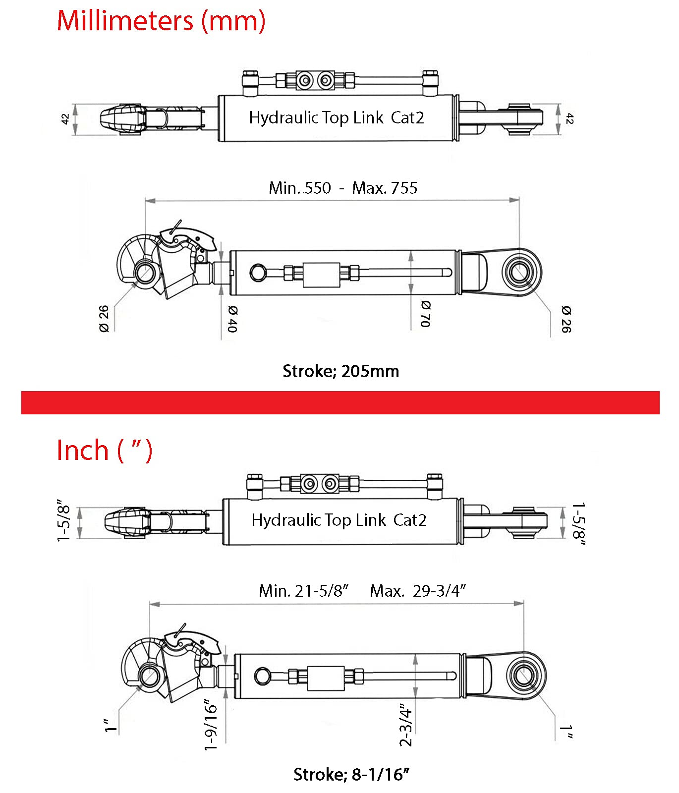 Hydraulischer Oberlenker Kat. 2-2 mit Fanghaken inkl. Sperrblock min. 550 → max. 776 mit 2 x Schläuchen, Hub. 226