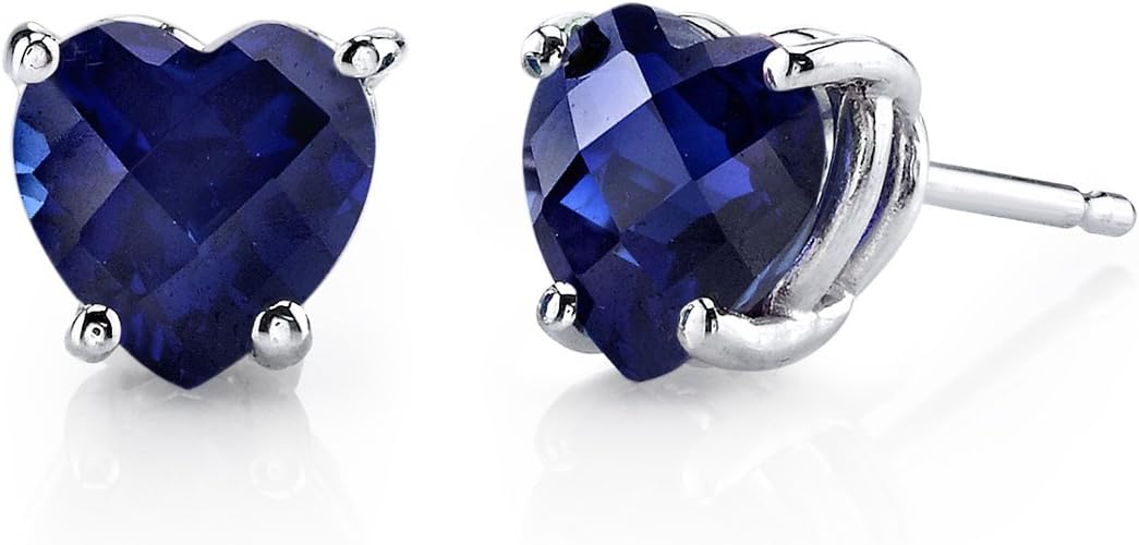 Peora Solid 14K White Gold Created Blue Sapphire Heart Stud Earrings for Women, Classic Solitaire Studs, 6mm, 2.30 Carats total, Friction Back, September Birthstone Gift