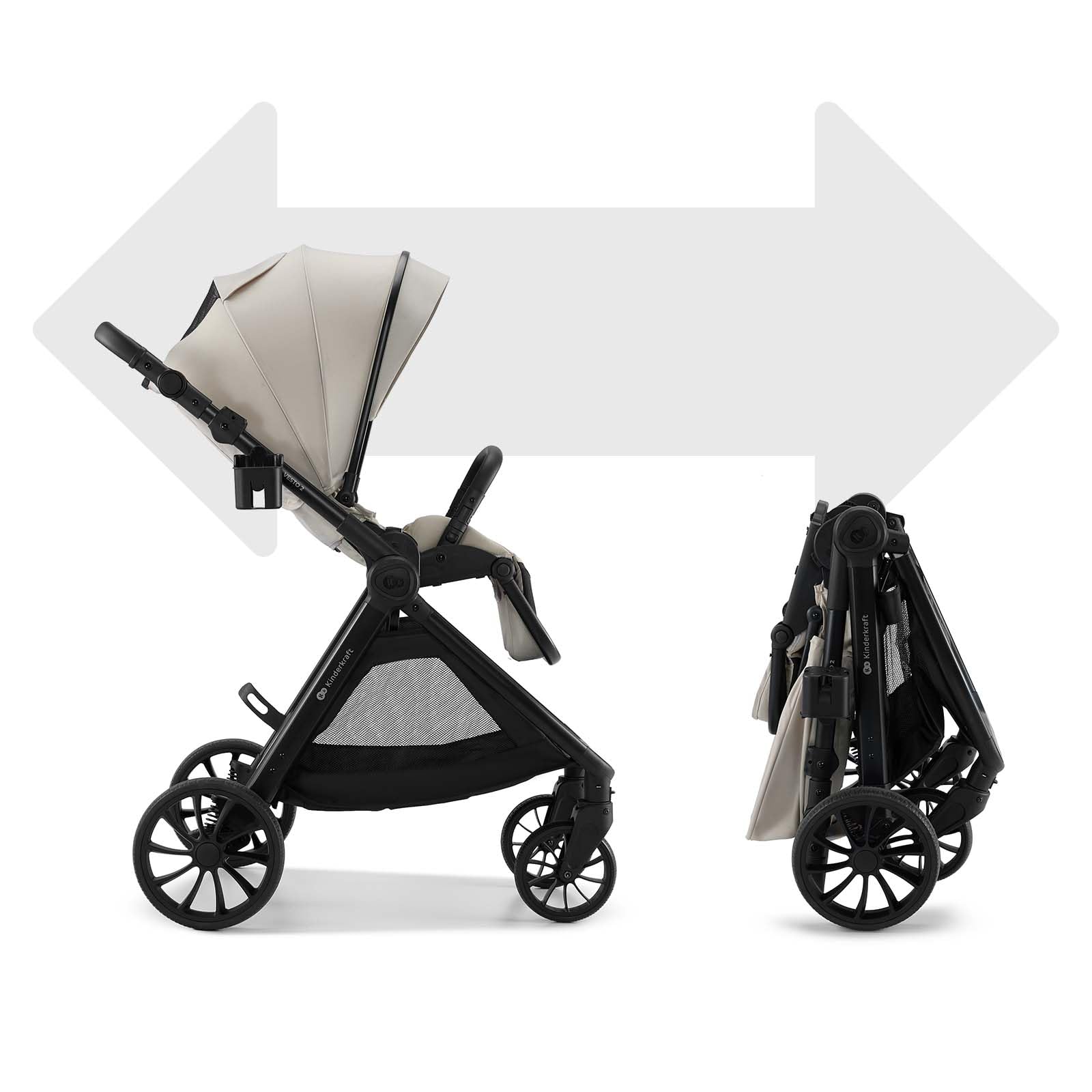Kinderkraft VESTO 2 Passeggino fino a 22 kg, seduta reversibile fronte mamma e mondo, chiusura con seduta montata, self-standing, ruote ammortizzate, Beige