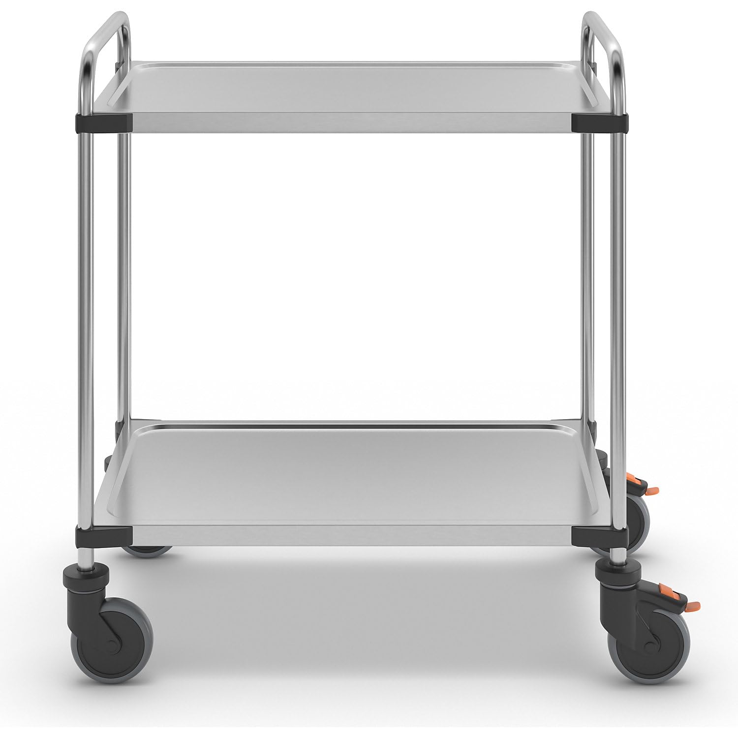 Servierwagen aus Edelstahl, mit 2 Etagen, LxBxH 870 x 570 x 950 mm, montiert.