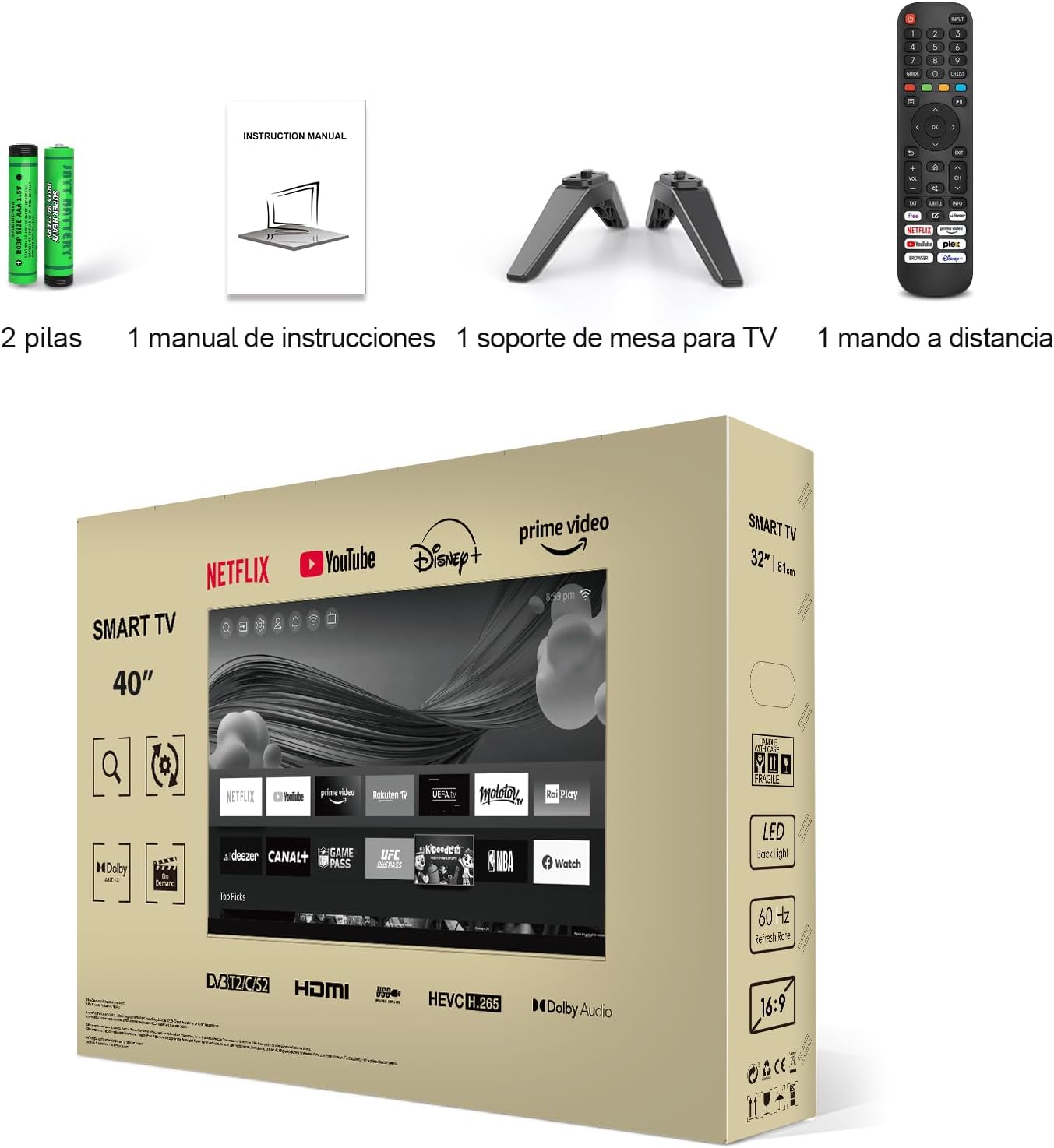 Image showing the HKC Smart TV package contents: two AAA batteries, an instruction manual, two TV stand feet, and a remote control.