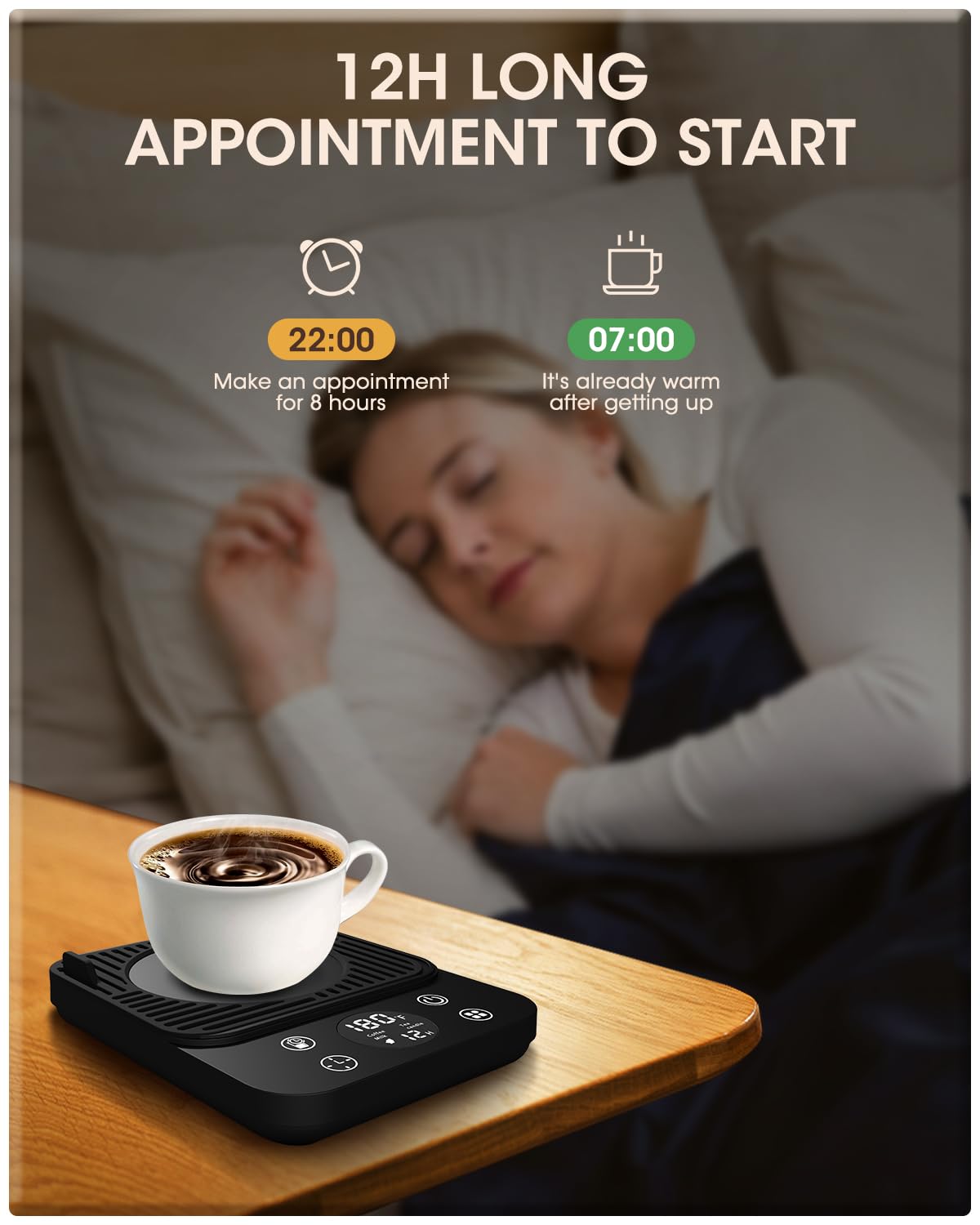Calentador de taza de café para escritorio, calentador de café eléctrico inteligente mejorado 2024, recordatorio de agua de bebida de 1 hora, 4 modos, apagado automático de 8 horas, 9 temperaturas, 5