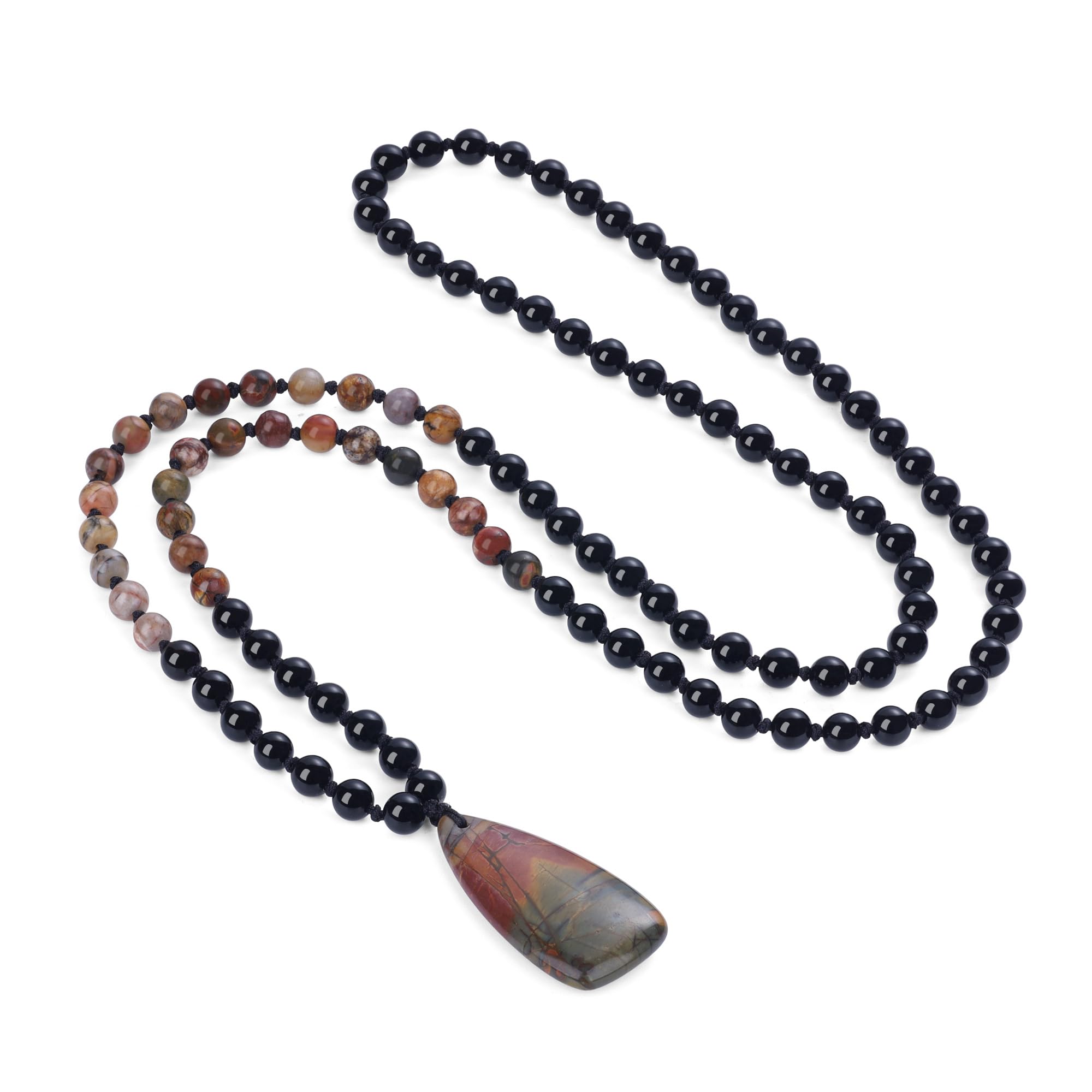 COAI Collier Mala 108 Perles, Collier Onyx Noir/Jaspe Picasso, Pendentif Goutte d'Eau