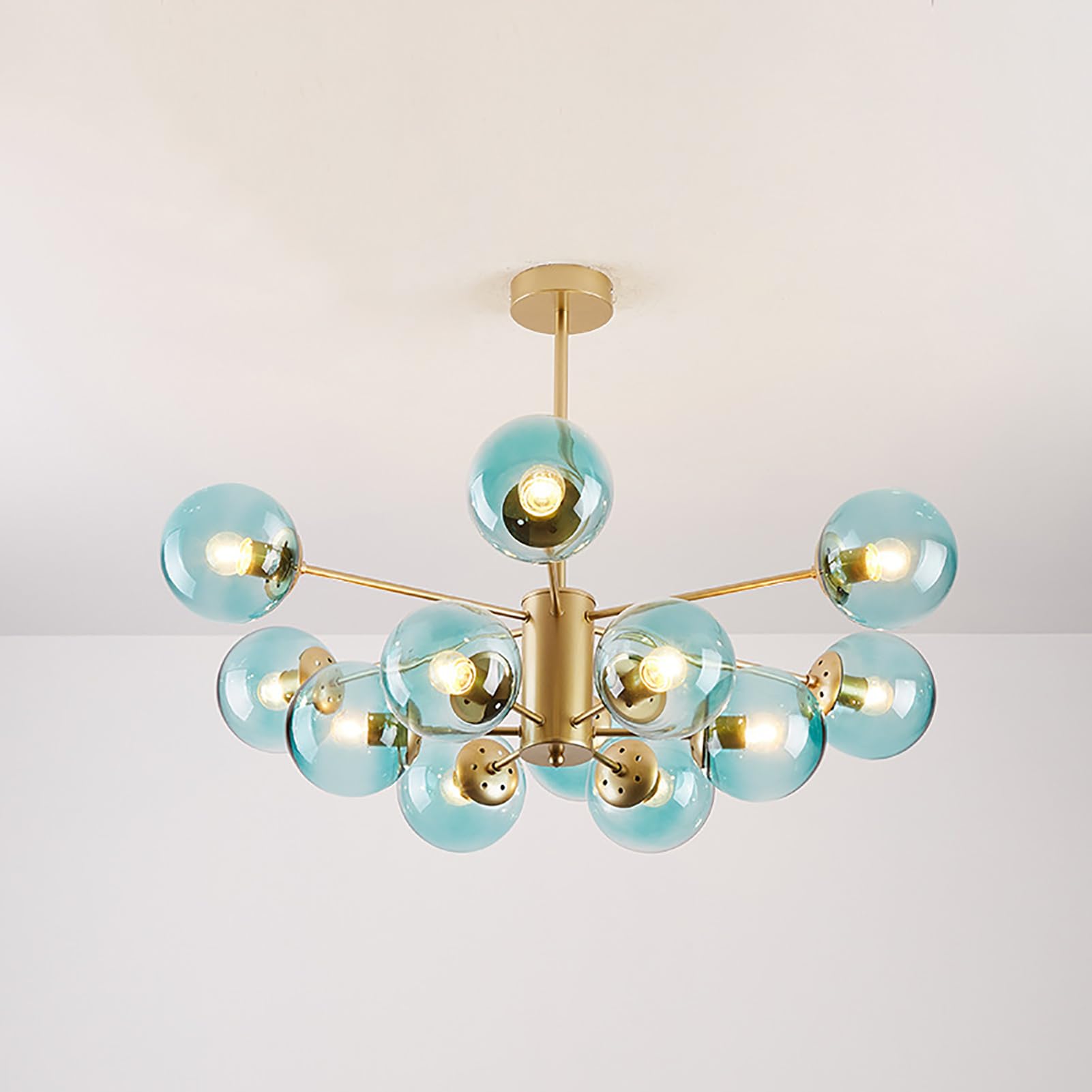 ksxnkhk Mid Century Modern Chandelier, Glass Linear Pendant Light Dimmable Light Fixture, Decorative Globe Ceiling Light for Dining Room, Bedroom, Kitchen, Easy Installation(12 Heads, Gold + Blue)