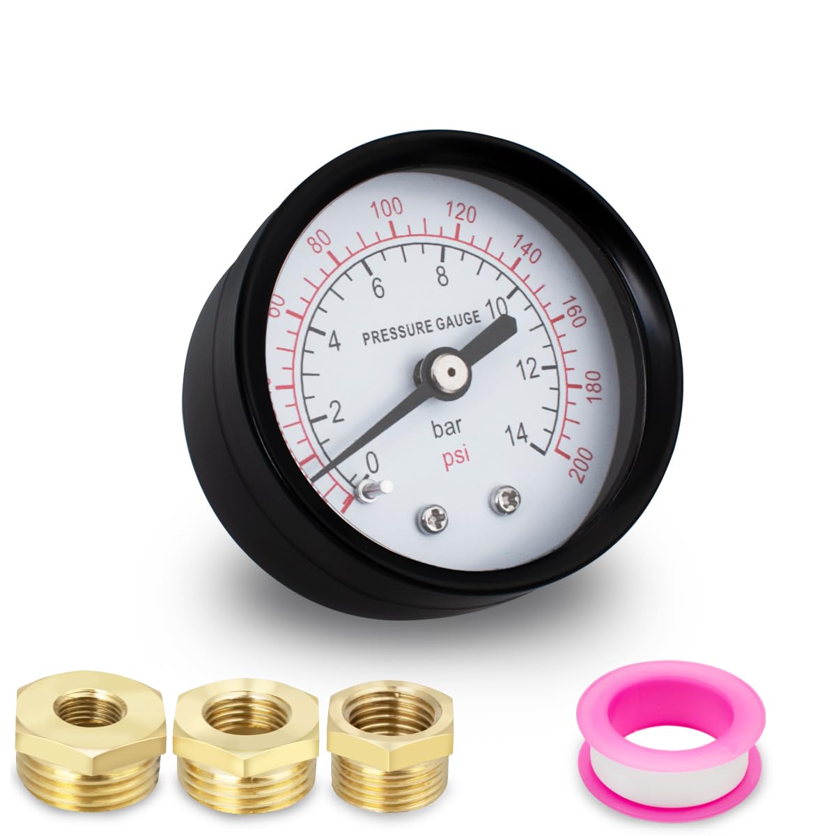 1 Pz 40 mm pompa pozzo manometro BSP 1/8“ 0-14 Bar 0~200 Psi con 3 pezzi boccola 1/8” a 1/4“, 1/8” a 3/8“ e 1/8” a 1/2” un nastro di teflon, assiale