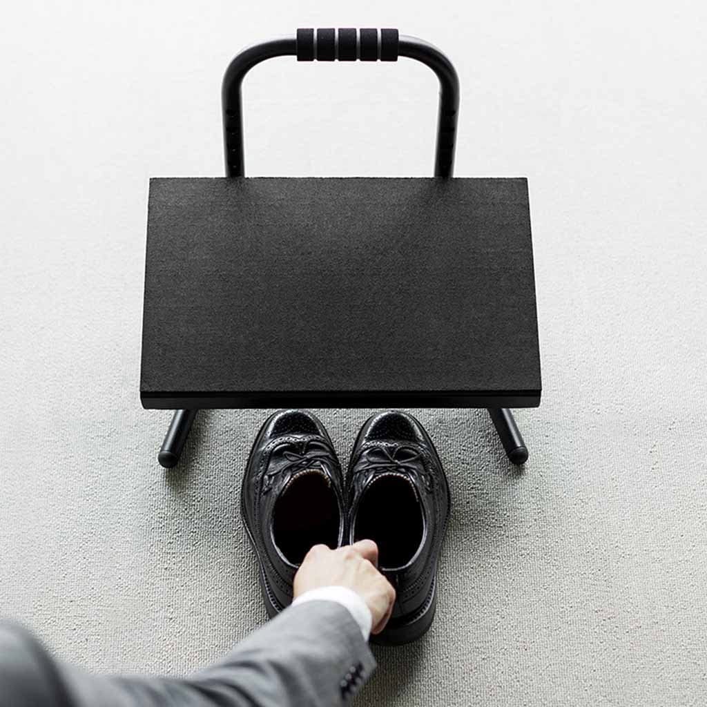 Reposapiés de pie, taburete ajustable de acero negro, con asa, seis ajustes de altura, para trabajo, escritorio, hogar y oficina