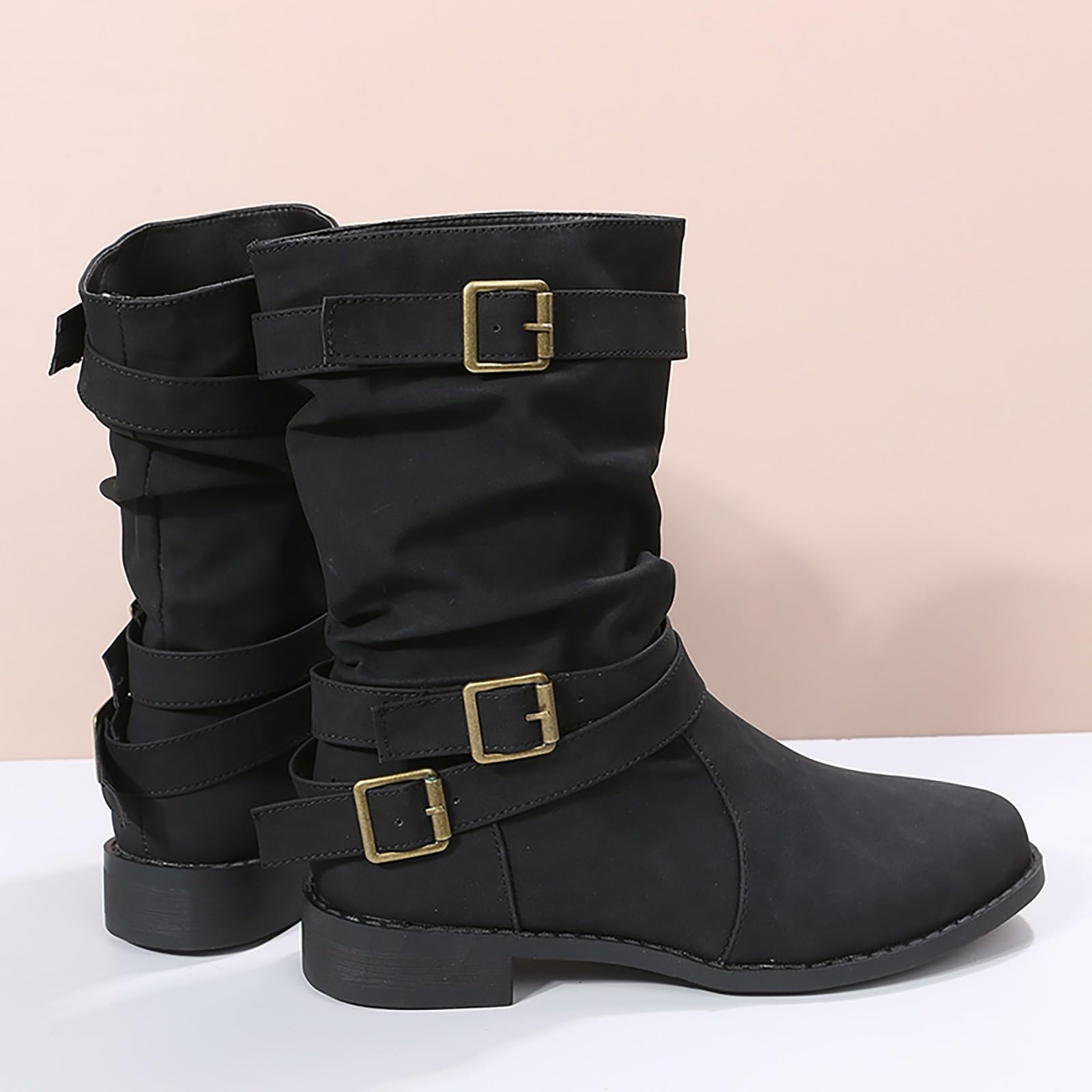Generisch Stivali da equitazione da donna, alla moda, con fibbia in pelle, stivali medi, comodi