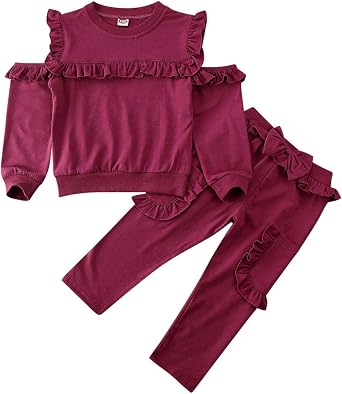 Toddler Kids Baby Girls Off Shoulder T-Shirt Long Sleeve Ruffle Tops+Long Pants Solid Color Outfit Clothes Set