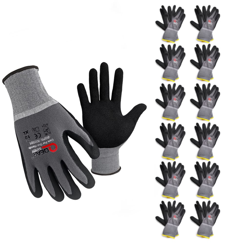 12 pares de guantes de seguridad de trabajo con revestimiento de palma de goma de nitrilo de microespuma, transpirables, abrasión, logística, almacén, destreza, color gris,M