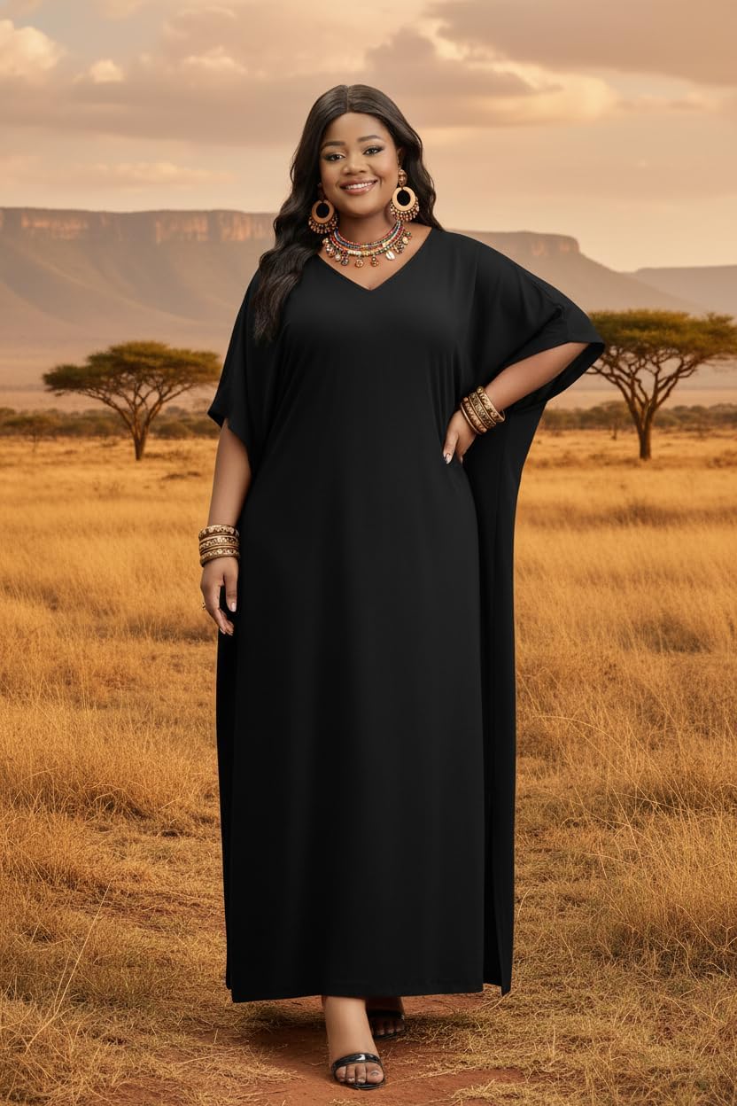 Runwind Women’s Kaftan Maxi Dress Casual V Neck Loose Split Short Sleeve Long Dresses for Church Vacation Plus Size - Image 7