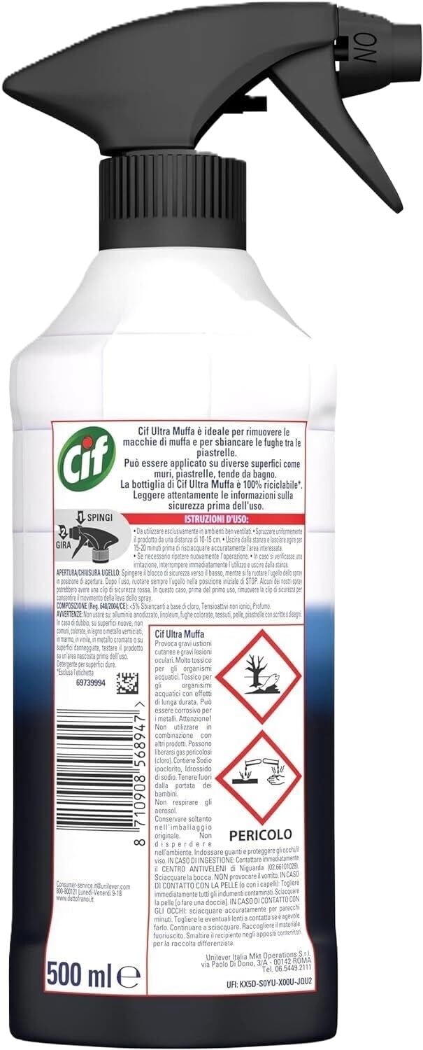 Cif Ultra Muffa Spray Antimuffa per Muri e Fughe, 500 ml, Formula Concentrata per Rimozione Macchie, Confezione da 4