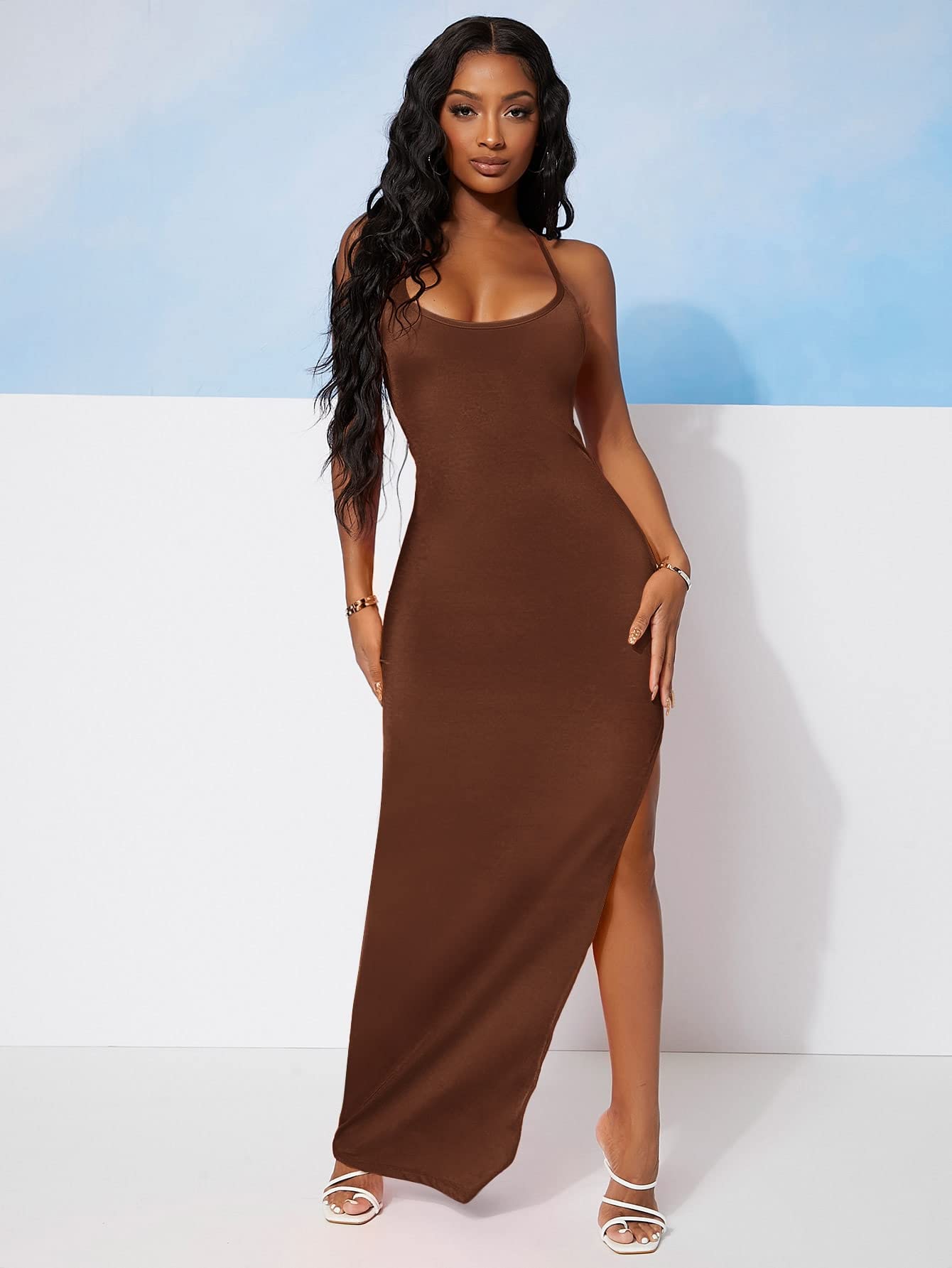 Neeno Women's Dresses Tied Open Back High Split Bodycon Dress Dress for Women (Color : Chocolate Brown, Size : Medium) : Clothing, Shoes & Jewelry