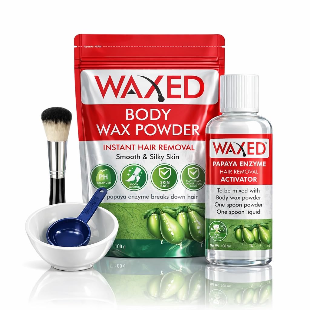 WAXED Body Wax Powder for Women Waxing Kit | Instant Hair Removal | Papaya Enzyme Activator | Full Body Wax | 100g Powder + 100ml Activator | With Bowl, Spoon & Brush Included.