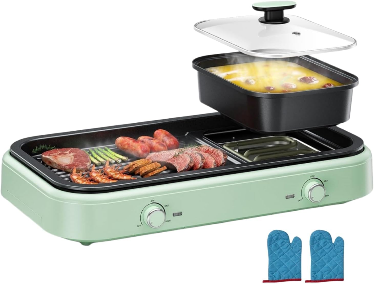 Hot Pot Electric with Grill, Hotpot Pot Electric with Korean BBQ Grill Portable Removable Shabu Shabu Pot W/Non-Stick Pan, Temperature Control, for Indoor Outdoor Camping, Aluminum, 120V