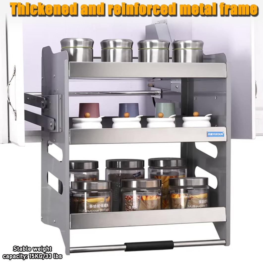 Organizer estraibile per armadietti, scaffale a 3 ripiani per mobili da cucina superiori, cestino salvaspazio per sollevare la mensola della cucina