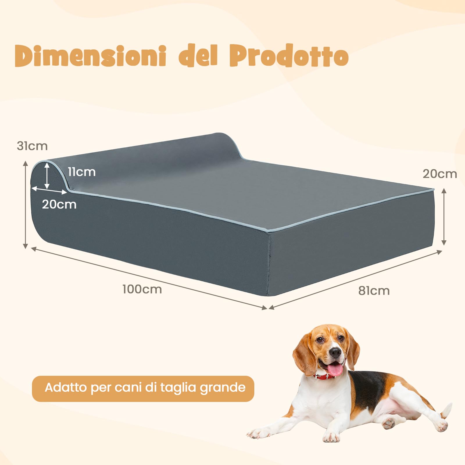 COSTWAY Letto Ortopedico per Cani Grandi, Lettino per Animali Domestici in Schiuma di Memoria con Poggiatesta, Copertura Rimovibile e Lavabile e Fondo Antiscivolo per Cani Anziani con Artrite
