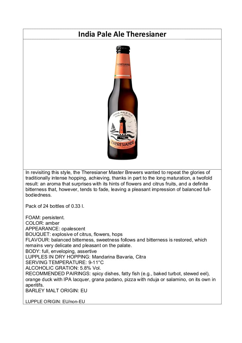 India Pale Ale Theresianer Italienisches Bier (24 flaschen 33 cl.)