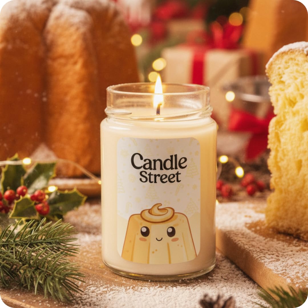 Candle Street Pandoro Duftkerze 500 g | Vanille, Zitrone und Karamell | Kollektion Süße Weihnachten | Handgemachte Kerze im Glas, 120 Stunden Brenndauer, perfektes Geschenk für Partys