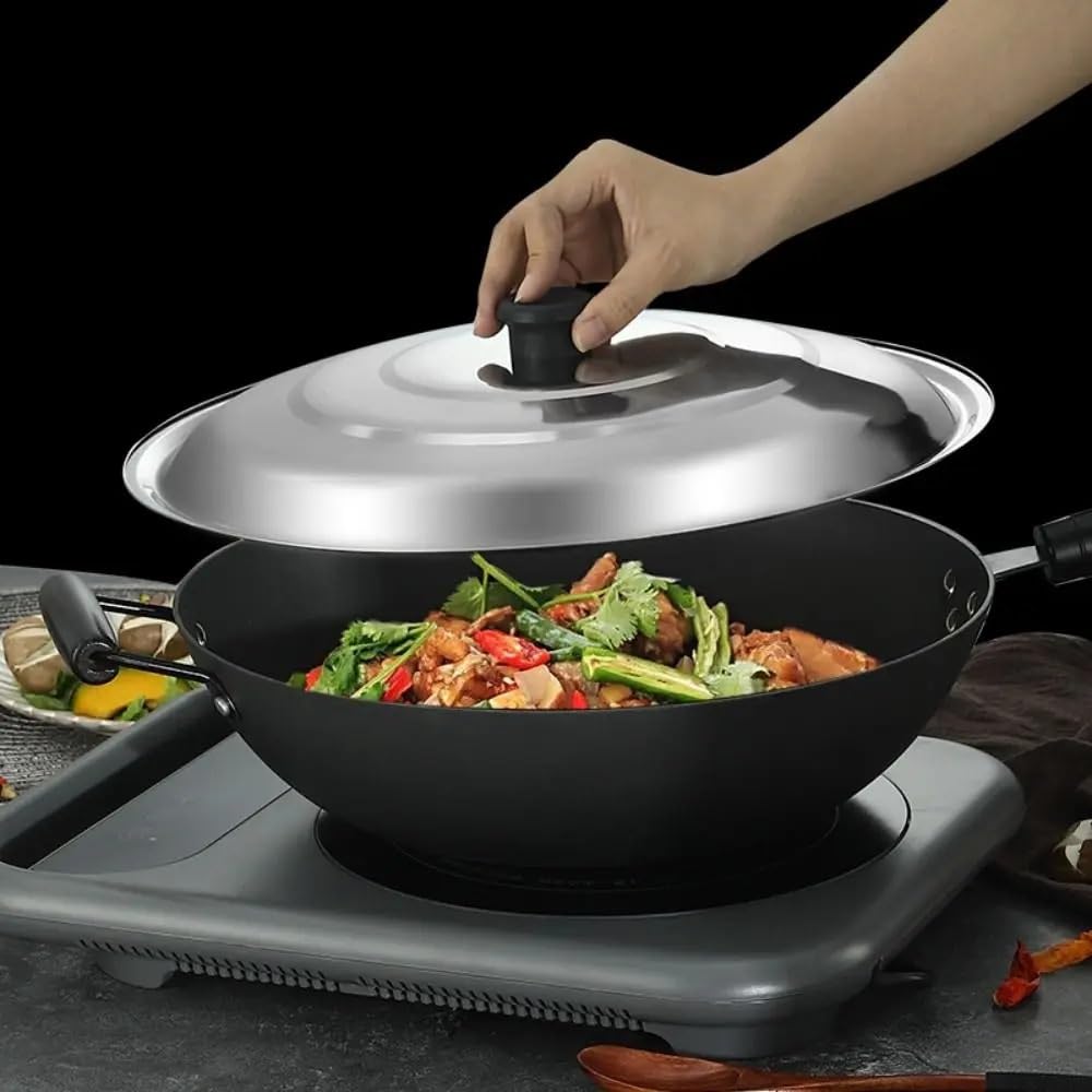 Tapa de Vidro Tapa de olla de acero inoxidable con nudo de plástico negro, antiderrames y antiescaldaduras, redonda, for wok de 32/34/36/38/40 cm(34cm)