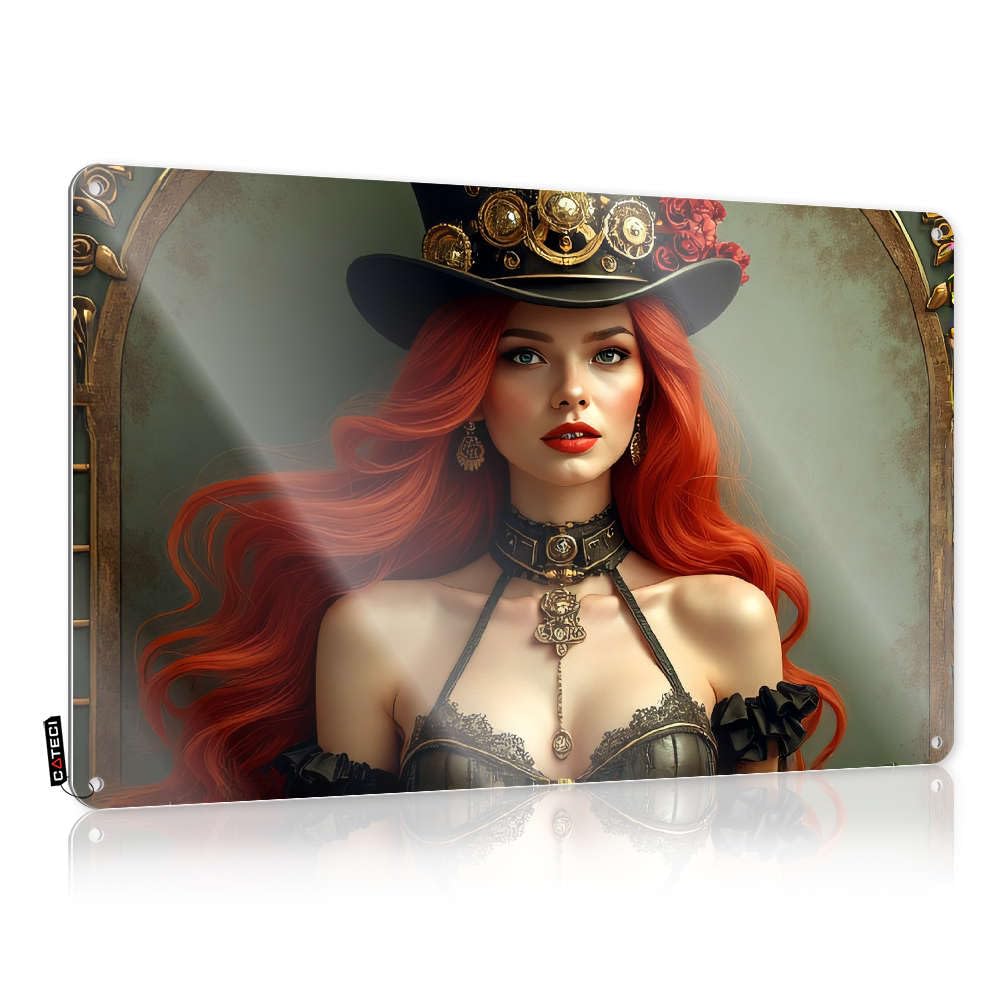 College Room Sign Steampunk Beauty With Red Hair And Intricate Attire. Tin Sign Flags For The Boys Retro Decor(20X30CM)