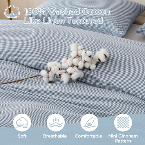 Image of TOCOMOA Mini Gingham Blue Duvet Cover Bedding Set 100% Washed Cotton Like Linen Feel Super Soft Comfortable 3 Piece Small Plaid Checkered Comforter Cover Set (King 104 inchx90 inch, Comforter Not Included)