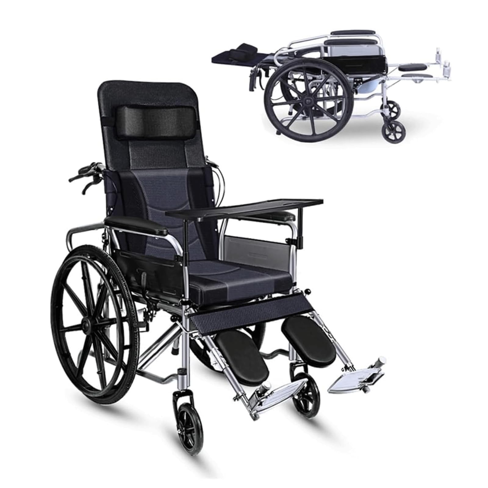 Silla de Ruedas de Transporte Silla de Ruedas de Transporte Respalto Reposacabezas Extraíble Reposapiernas Elevable Silla de Ruedas Manual/a