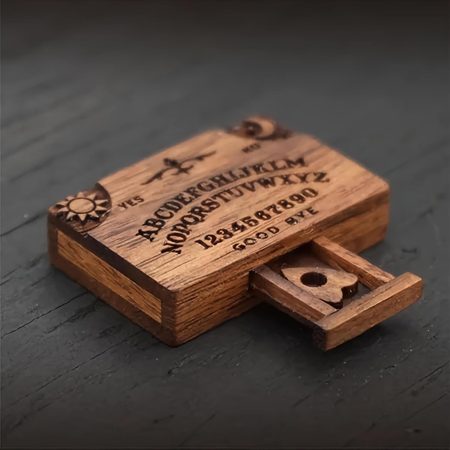 Vvchwei Natural Wood Wooden Mini Spirit Board With Storage Drawer, Gothic Letters And Numbers, Sunburst Design, Decorative Ouija-Style Home Ornament