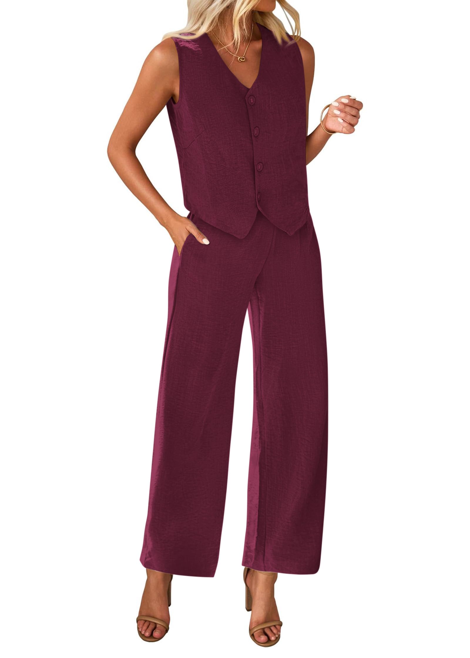 KIRUNDO Womens Two Piece Outfits Summer Fashion Button V Neck Crop Vest Blazer and Wide Leg Pants Suit