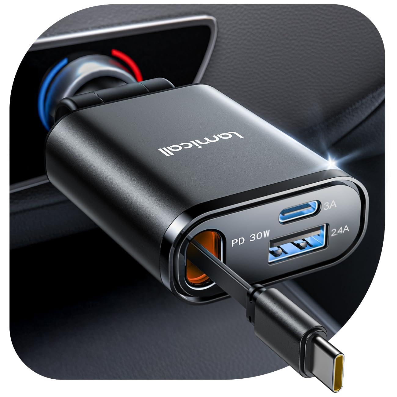 【超Ｍiniサイズ】Lamicall 車充電器 巻取り式 シガーソケット：タイプC PD30W/PPS対応 急速 総57Ｗ 3in1 車載充電器