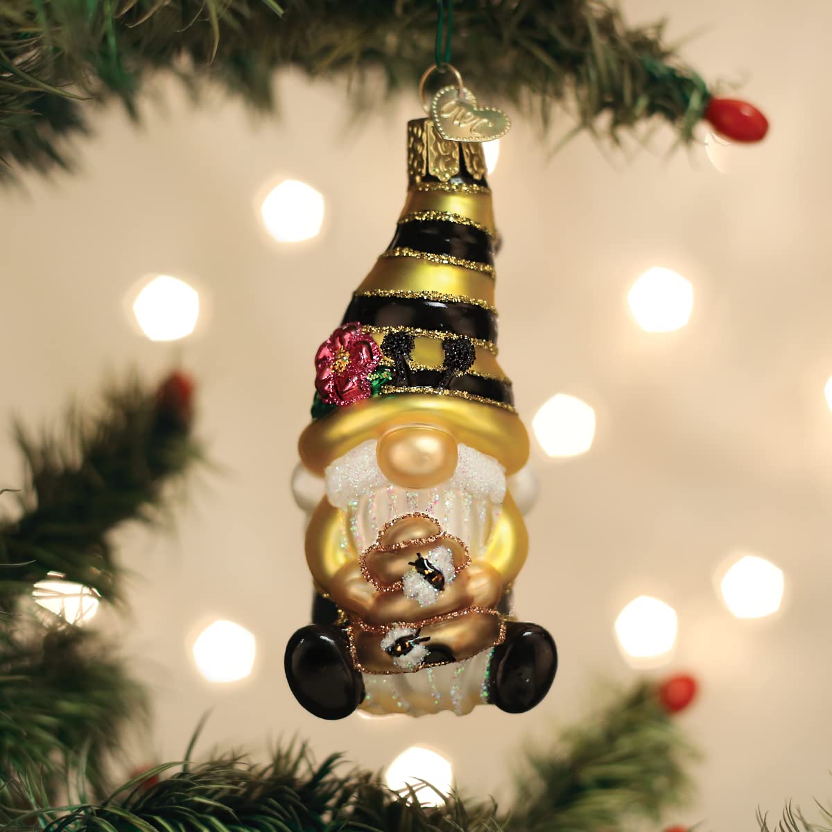Old World Christmas Bee Happy Gnomo - Adorno de Cristal soplado para árbol de Navidad