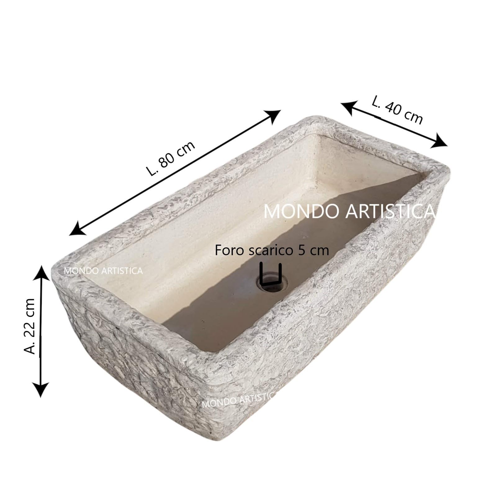 Lavandino, Lavabo, Pilozzo, Vasca Unica, Fontana Da Esterno, Per Giardino Altezza 22 cm, Larghezza 80x40 Cm, In Cemento Bianco E Polvere Di Marmo, Colore Sfumato Grigio