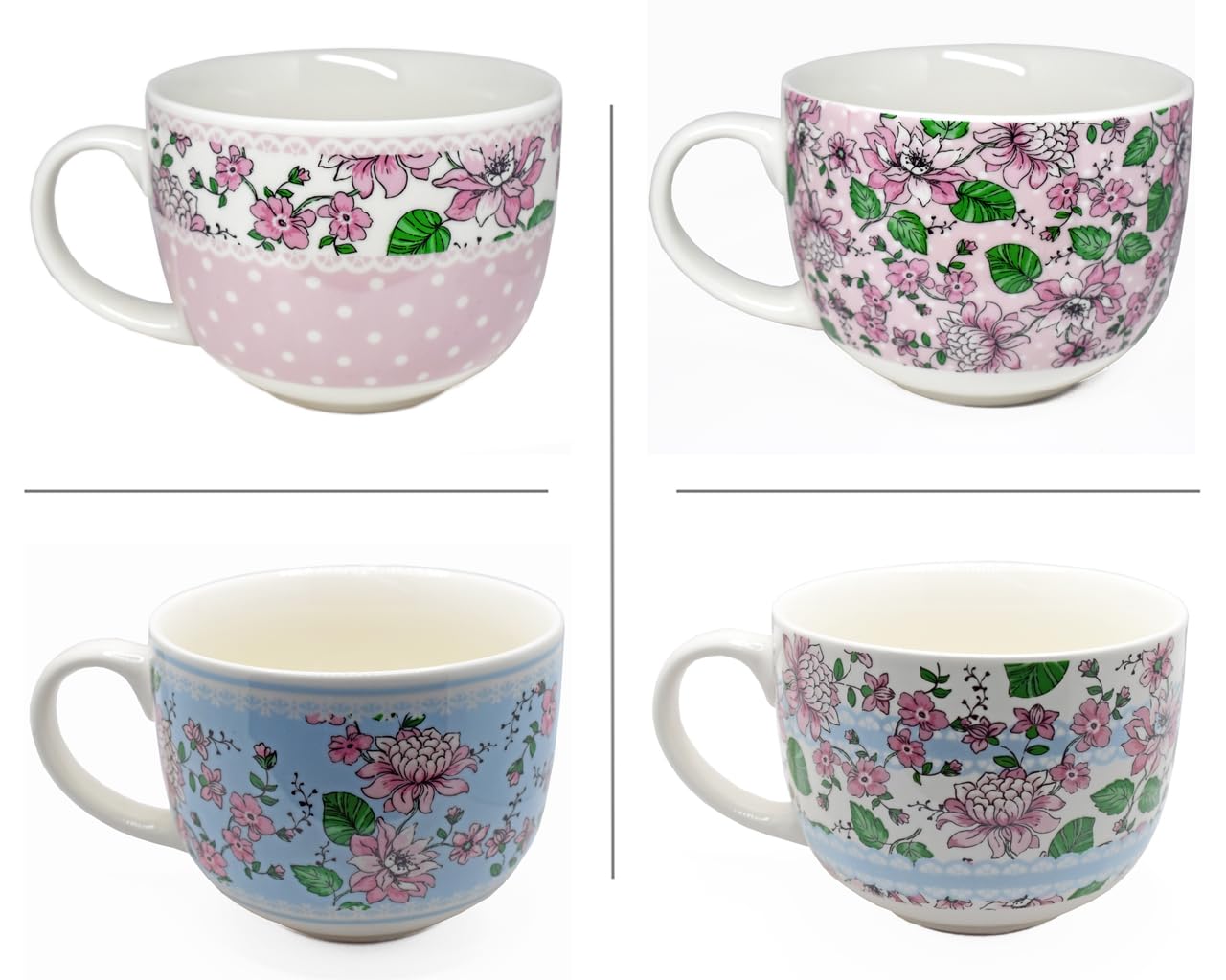 Coffee Mugs Set of 4 Durable Ceramic Mug Flower Pattern Design Teacup for Hot Chocolate Latte Cappuccino Soup Microwave & Dishwasher Safe 375ml (Mug I)