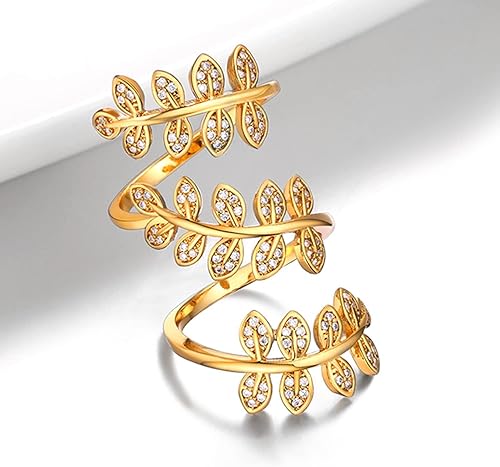 Vista 4 de U7 Statement Rings Cocktail Party Jewelry Platinum or 18K Gold Plated Adjustable Clear CZ Long Leaf Ring for Men Women