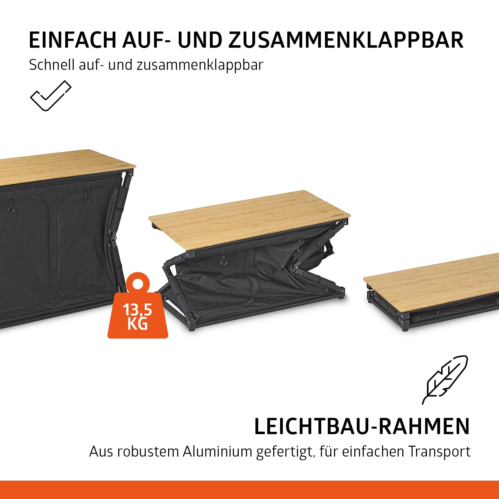Campout Küchenzeile - 100 x 49 x 82,5 cm - Faltbare Campingküche - Outdoor Küche - Zusammenklappbare Campingschrank - Klappbar mit Stauraum - Platz für Gasflasche - Inkl. Tragetasche - Bambus