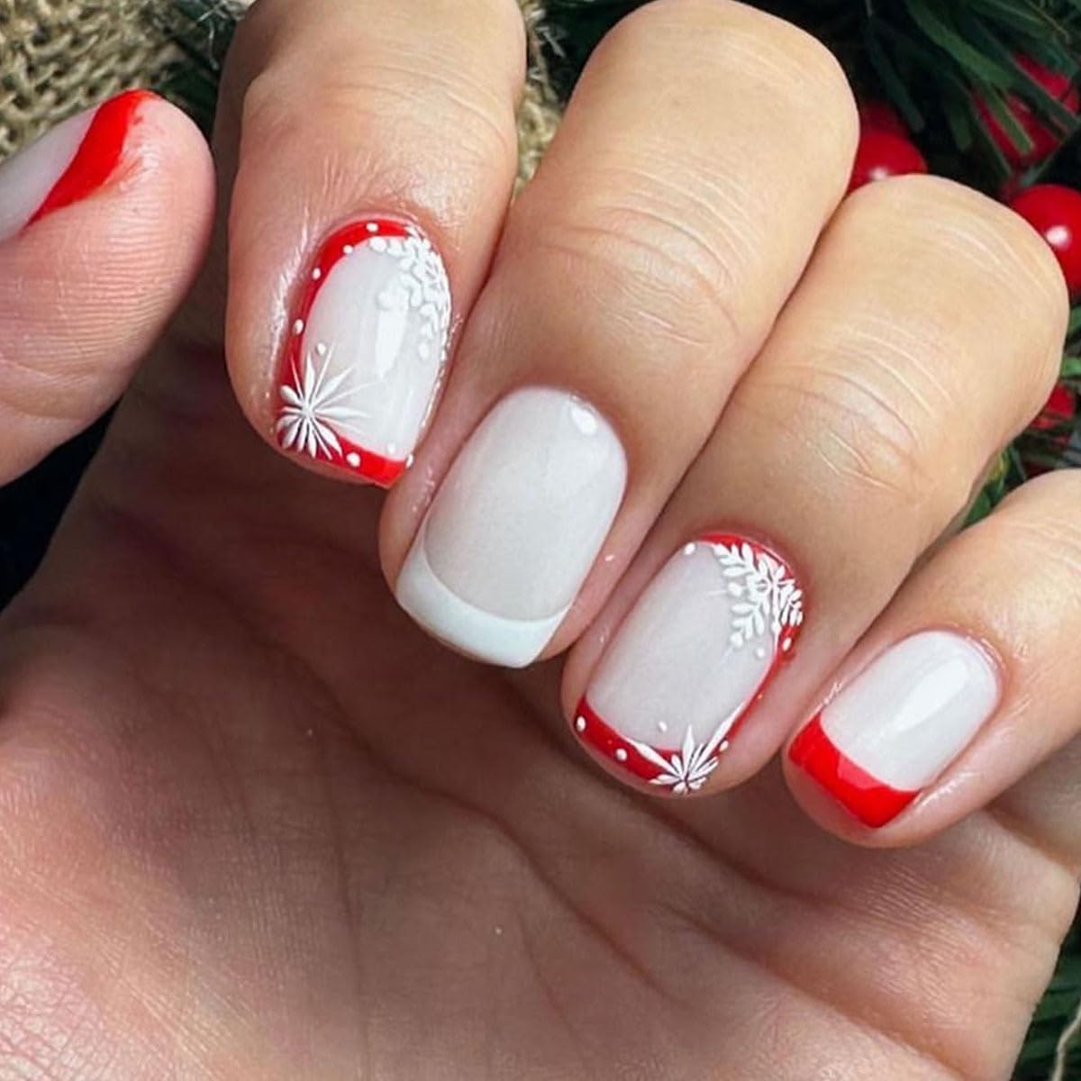 Christmas Press on Nails Short Square Fake Nails with Red White French Tip Snowflake Designs Acrylic Nails Winter Xmas Stick on Nails Glue on Nails