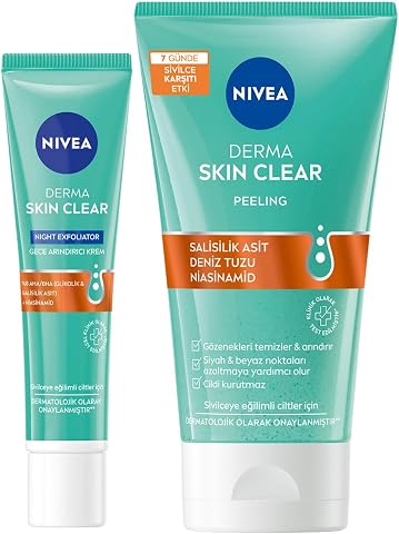 NIVEA Derma Skin Clear Night Exfoliator Gece Arındırıcı Krem 40 ml + NIVEA Derma Skin Clear Sivilce Karşıtı Yüz Temizleyici Peeling 150 ml, X2