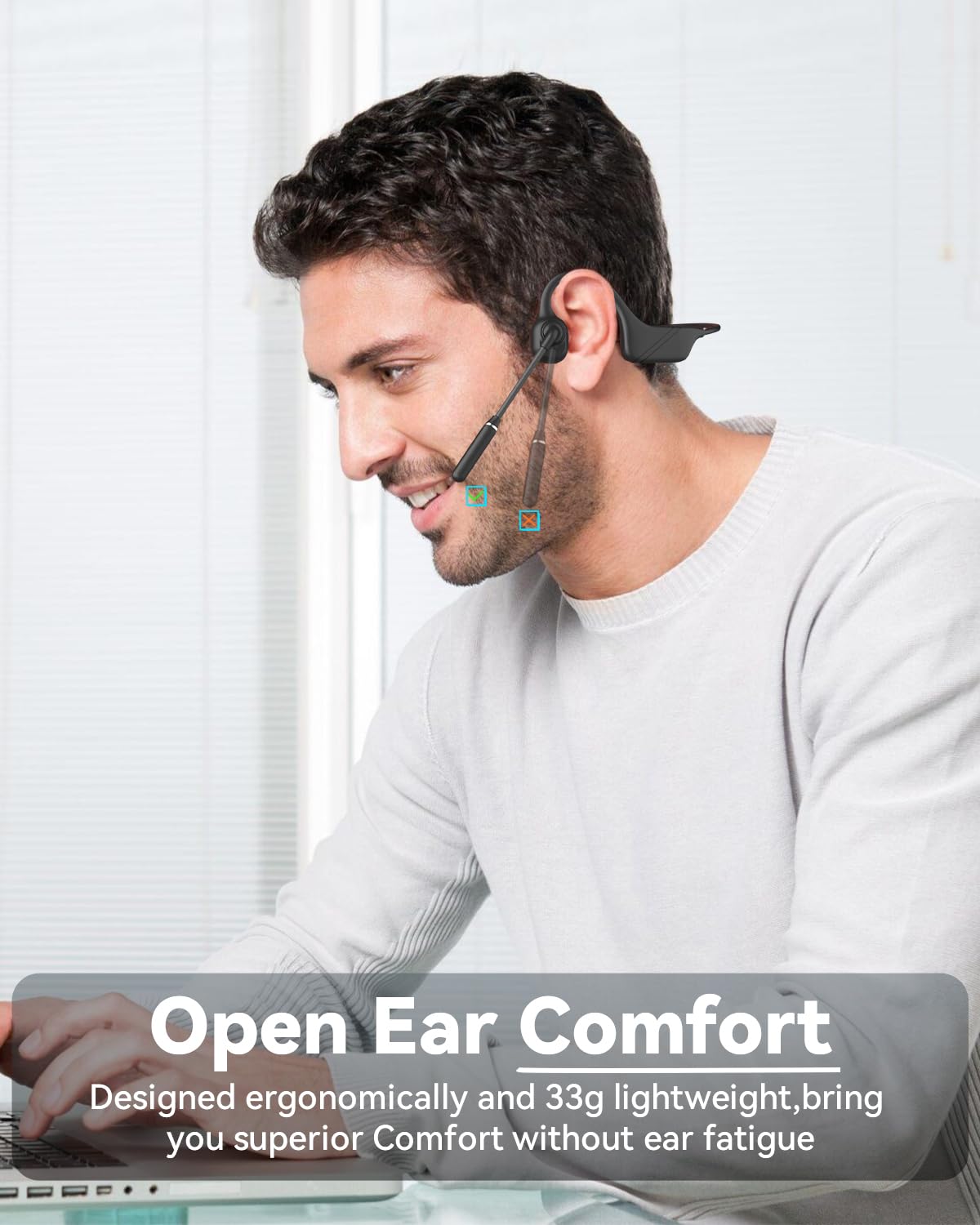 Knochenschall Kopfhörer Bluetooth Headset mit Mikrofon Multipoint-Kopplung | 33g Ultraleicht, offene Ohren und leicht für Komfort, Geräuschunterdrückendes Mikrofon für Büro Callcenter Zoom