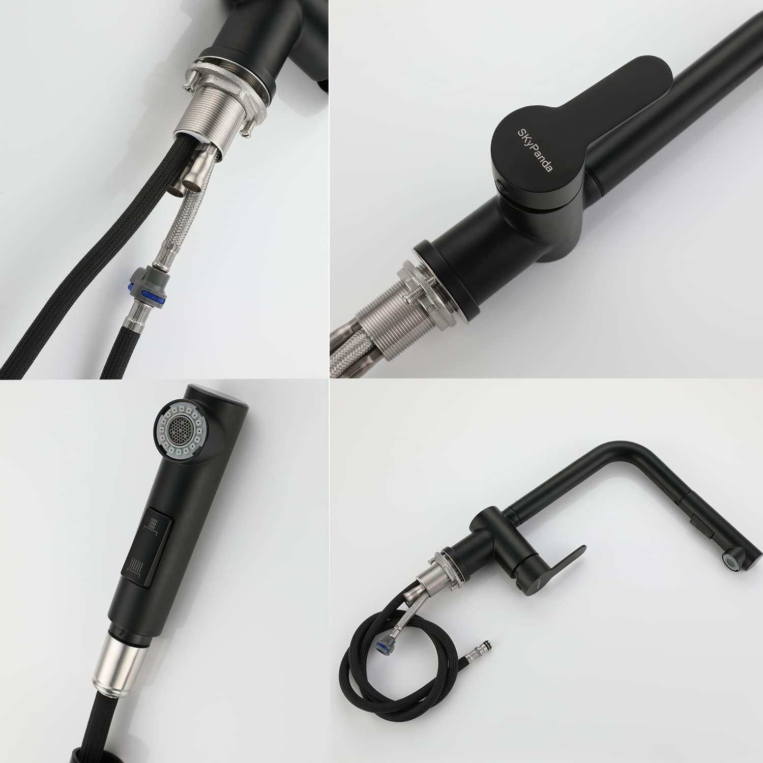 SkyPanda - Rubinetto da cucina con rubinetto mobile, doccetta con 2 modalità di spruzzo, girevole a 360° con miscelatore spruzzatore estraibile, in acciaio inox SUS304, colore nero opaco