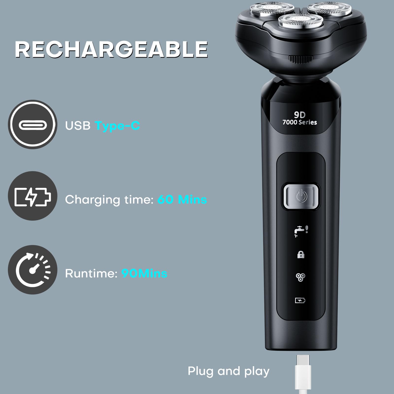 4-in-1 Electric Shaver for Men, USB Rechargeable Rotary Shaver with Beard Trimmer, Facial Cleaning Brush, Nose Hair Trimmer, and Sideburns Cutter
