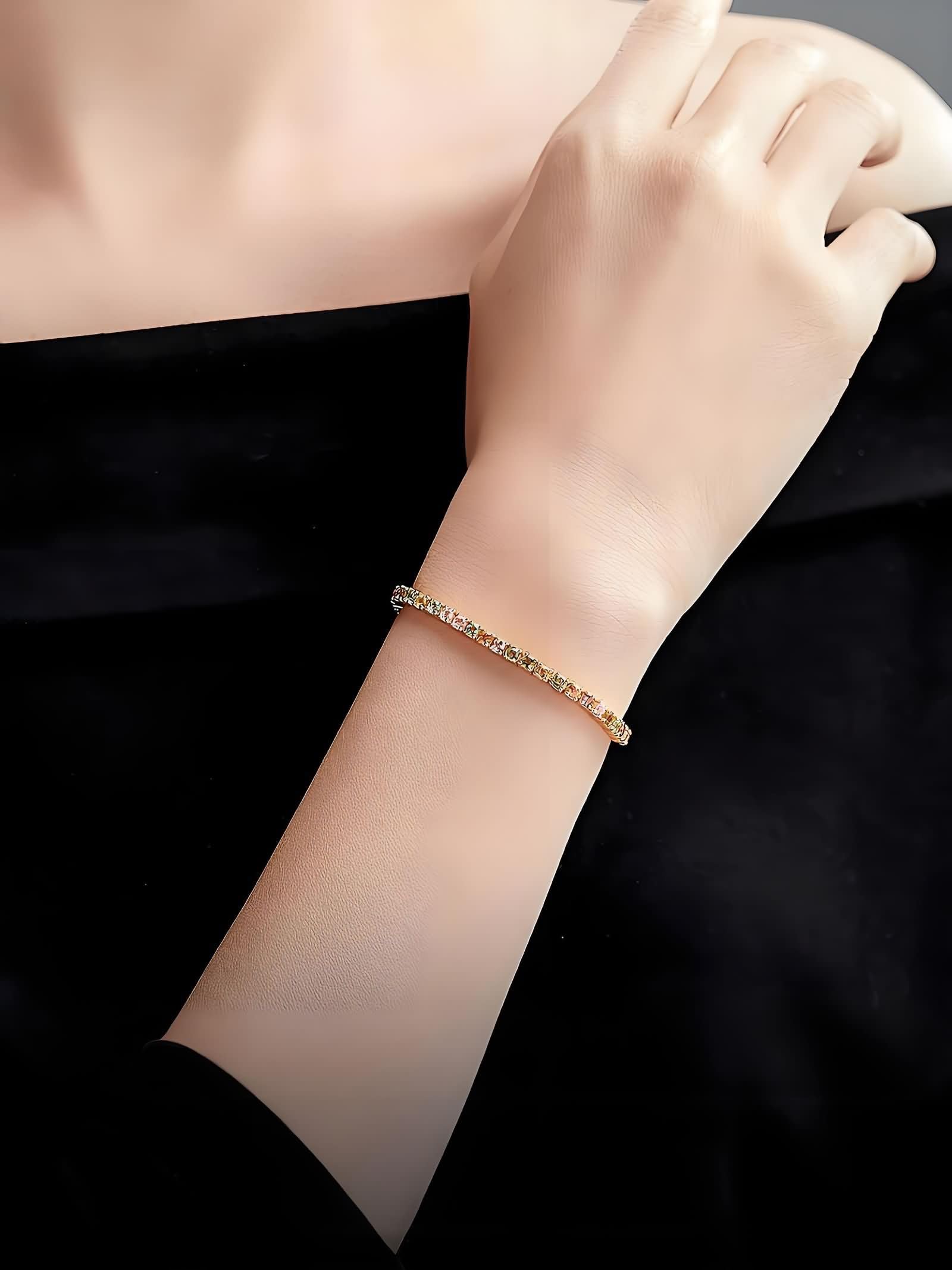 Pulseras de Mujer de Oro Amarillo 9K / 14K / 18K, Redondo con Turmalina Multicolor de 3,3 ct, Cadena Extensible 16 CM + 5 CM, Pulseras de Mujer de Oro Colorido