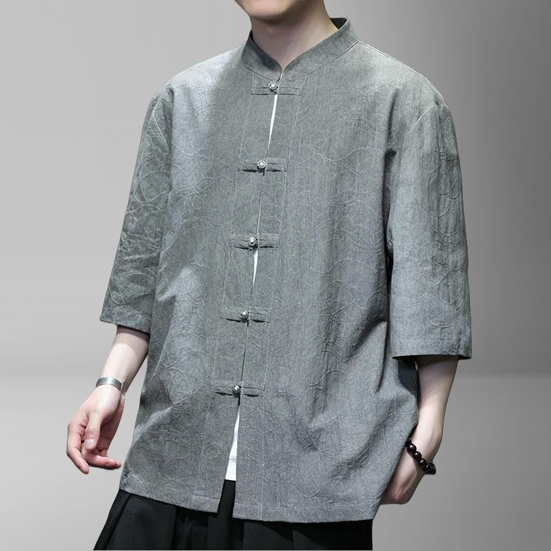 Camisa estilo chino de lino algodón para hombre ropa tradicional vintage holgada manga corta 5