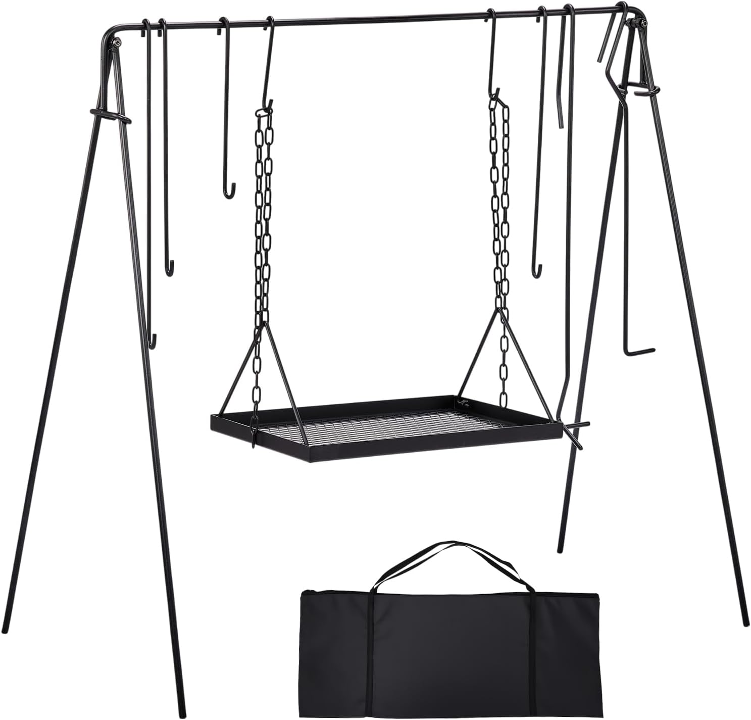 Outvita Grill Swing Campfire Grill Stand with Iron Grill Grate, Campfire Cooking Rack with Hooks and Carry Bag, Portable Cookware Hanging Rack Outdoor Camping Bonfire for Cookware & Dutch Oven