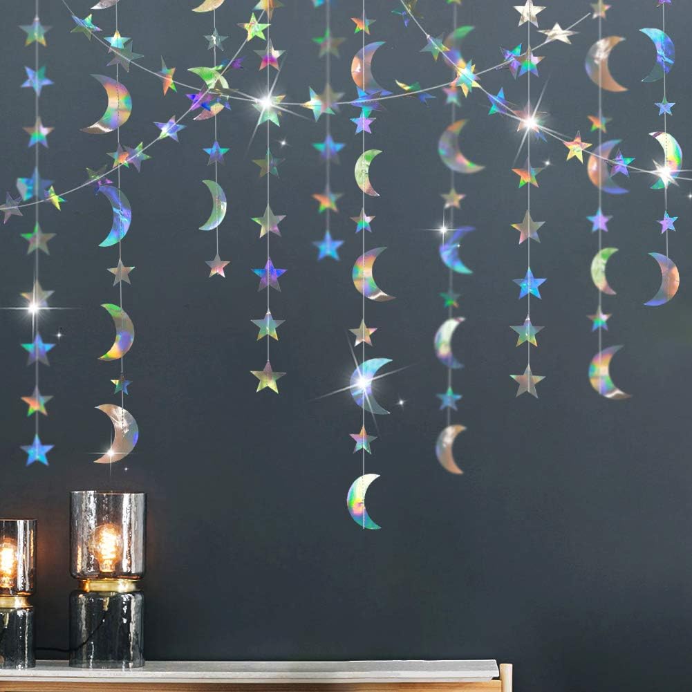 CheerlandIridescent Twinkle Little Star Moon Garlands Holographic Euphoria Party Decorations Hanging Stars Streamer Backdrop Crescent Garlands EID Ramadan Bachelorette Birthday Party Decor