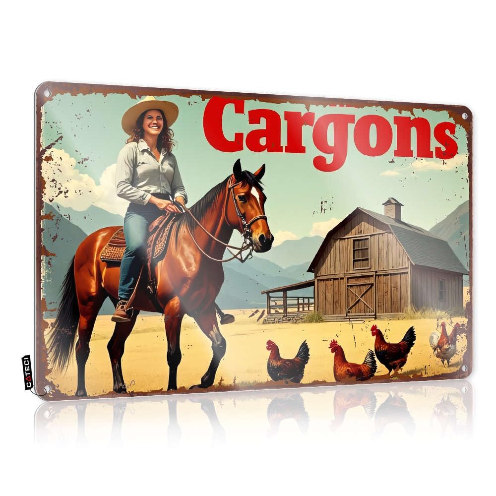 Fzfn Boys Colour Tin Sign Halloween Wall Decor | Woman Riding Horse With Chickens In Front Of Barn. Chic For Bedroom Home(30X40cm)