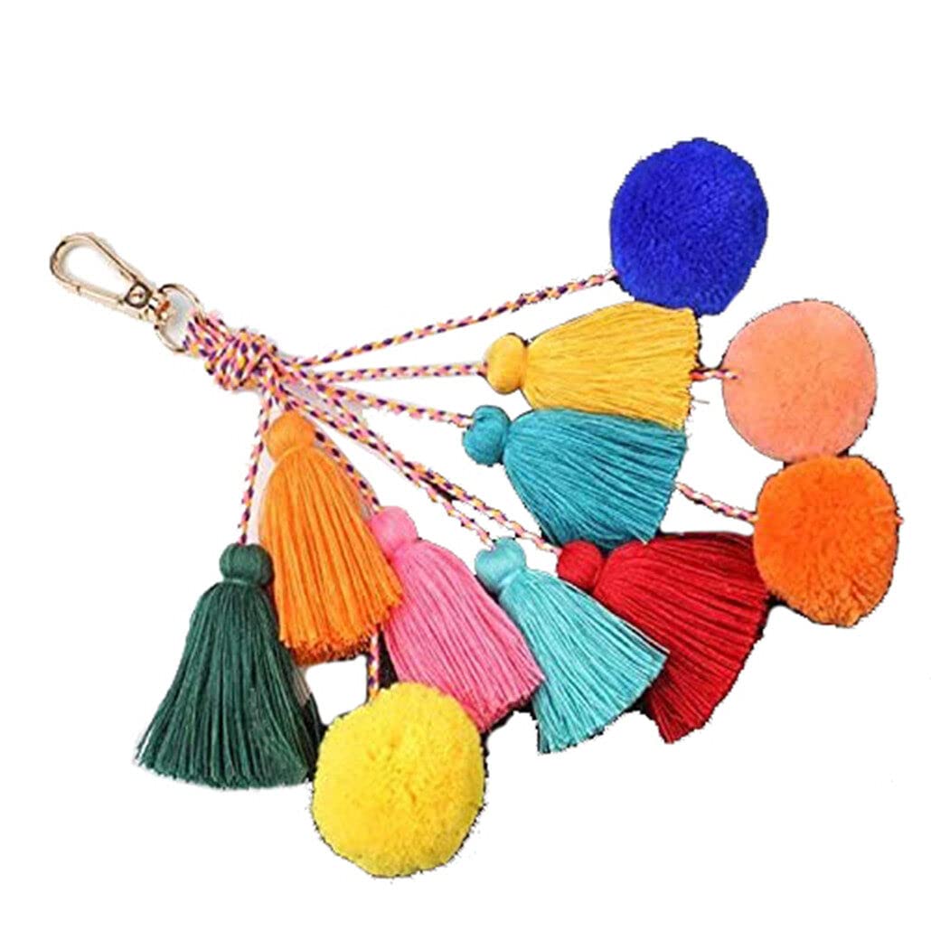 Tassel Pom Pom Key Chain, Boho Charm Key Ring Women Handbag Bag Car Pendant Keyring .Deft Processed