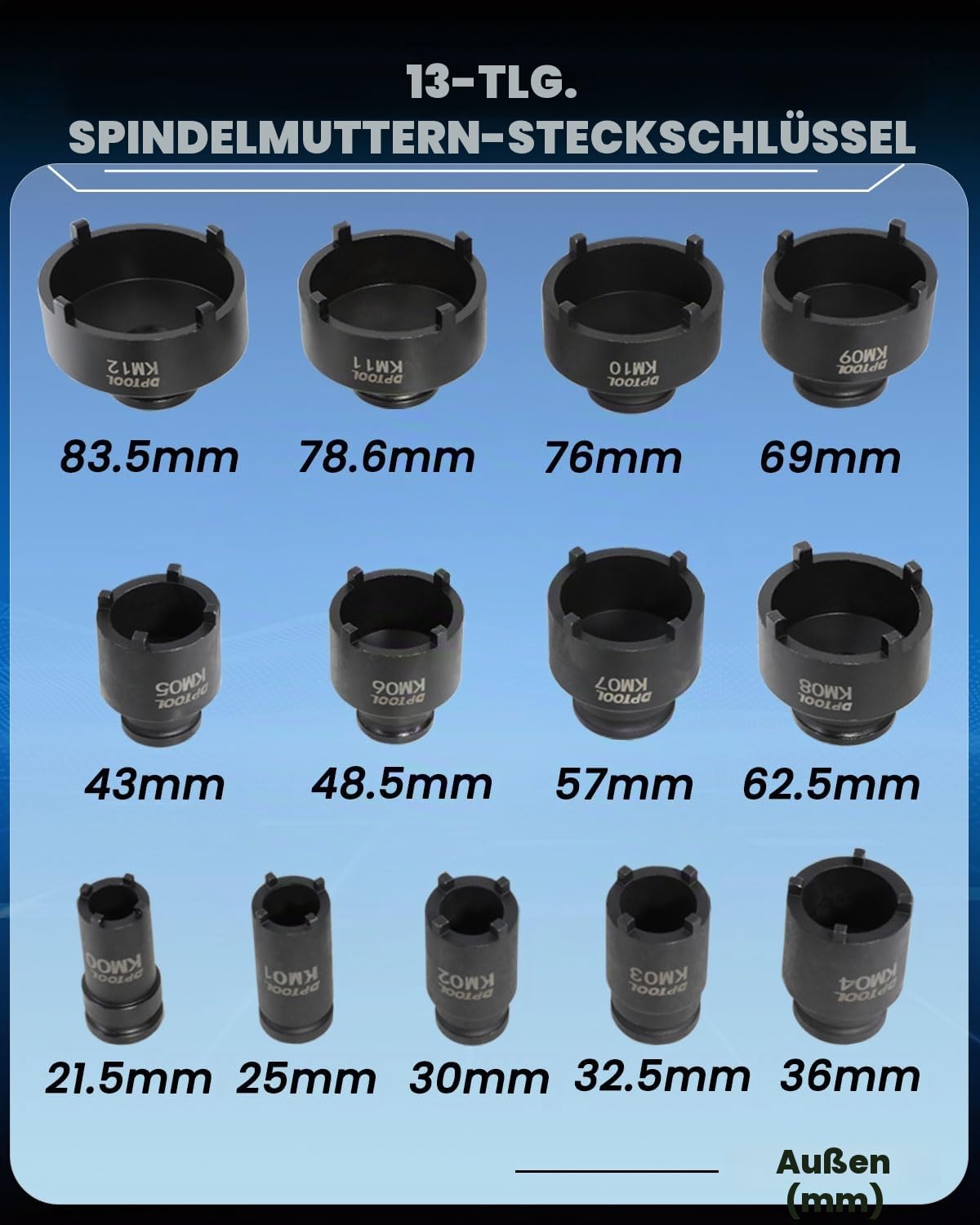 DPTOOL 13-teiliges Spindelmuttern-Steckschlüssel-Set, Kugelgelenke, Achsen-Kontermuttern zum Entfernen und Installieren, Naben-Feststell-Steckschlüssel für KM-Nutmuttern, 4 Zähne außen mit 1/2 Zoll
