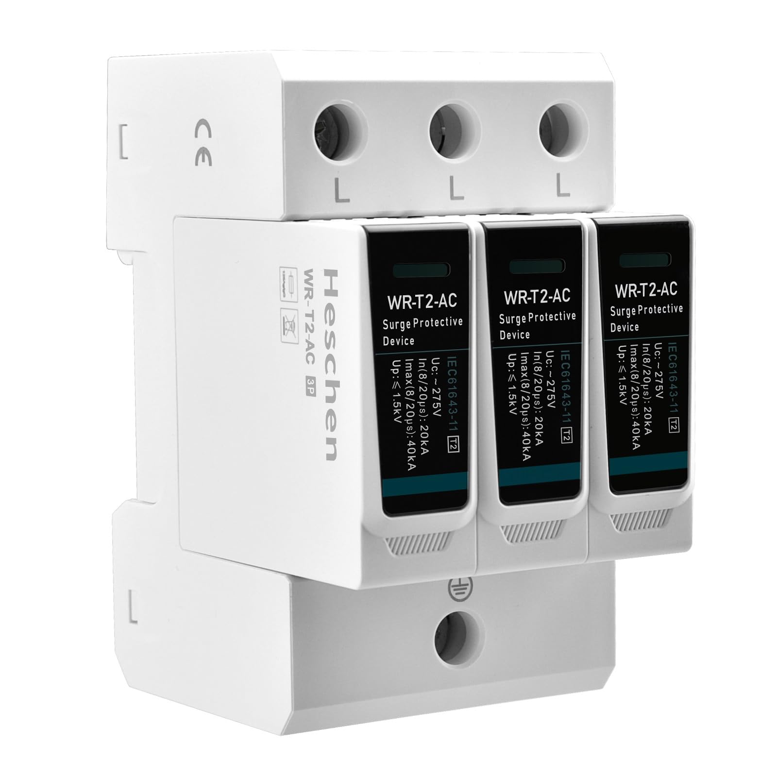 Heschen Surge Protective Device SPD, WR-T2-AC, 3P 275V 20kA, T2 Type, Fire-Proof, Low-Voltage Arrester Device, 35mm DIN Rail Mounting