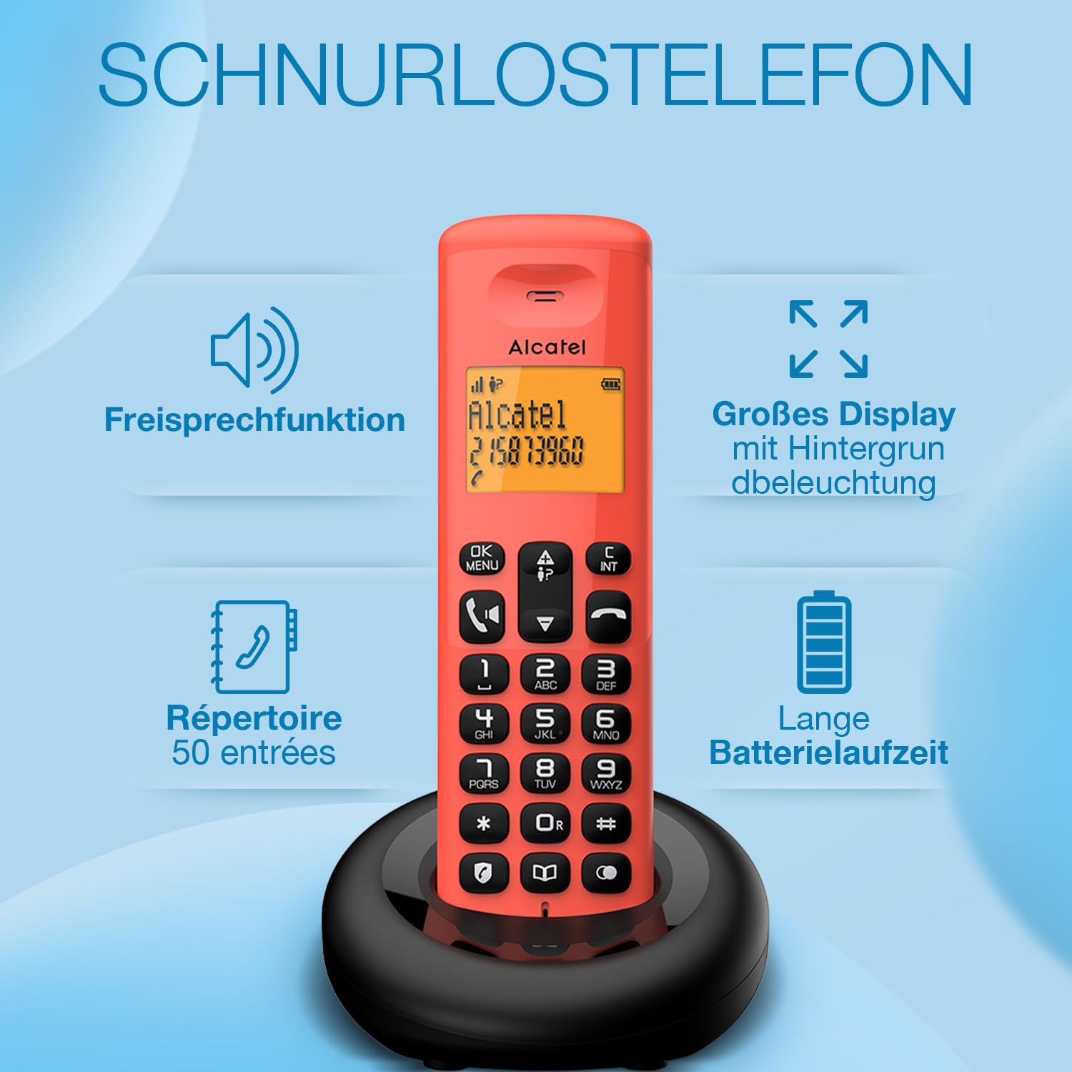ALCATEL E260 - Bezprzewodowy telefon stacjonarny DECT - Kompaktowa konstrukcja - duży podświetlany wyświetlacz - zestaw głośnomówiący - funkcja blokowania niechcianych połączeń - czerwony