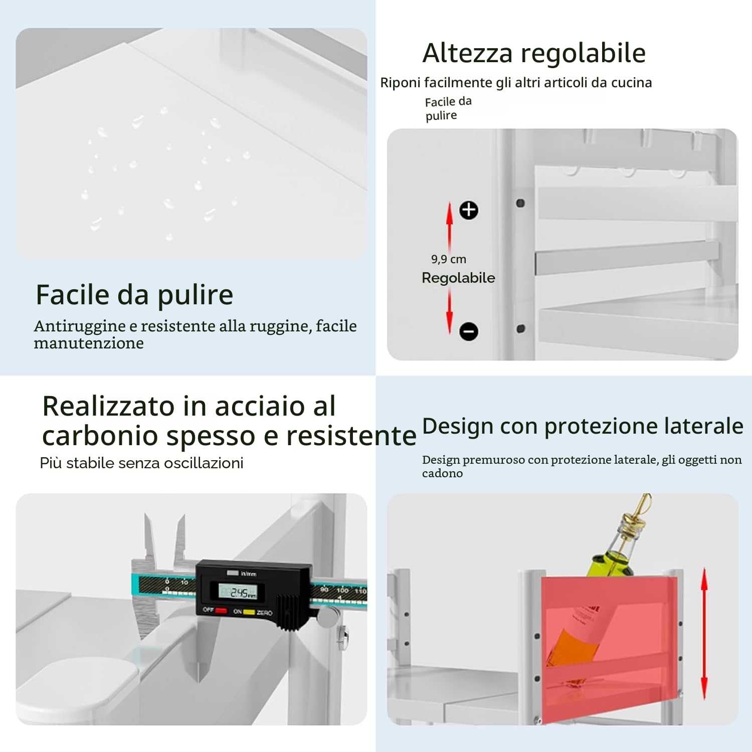Quuylin 2 Livell Estensibile Mensola Microonde,con 6 Ganci,Regolabile fino a 40-64 cm Salvaspazio,Materiale in acciaio al carbonio,Può essere usato come contatore,scaffale per la cucina,Bianco